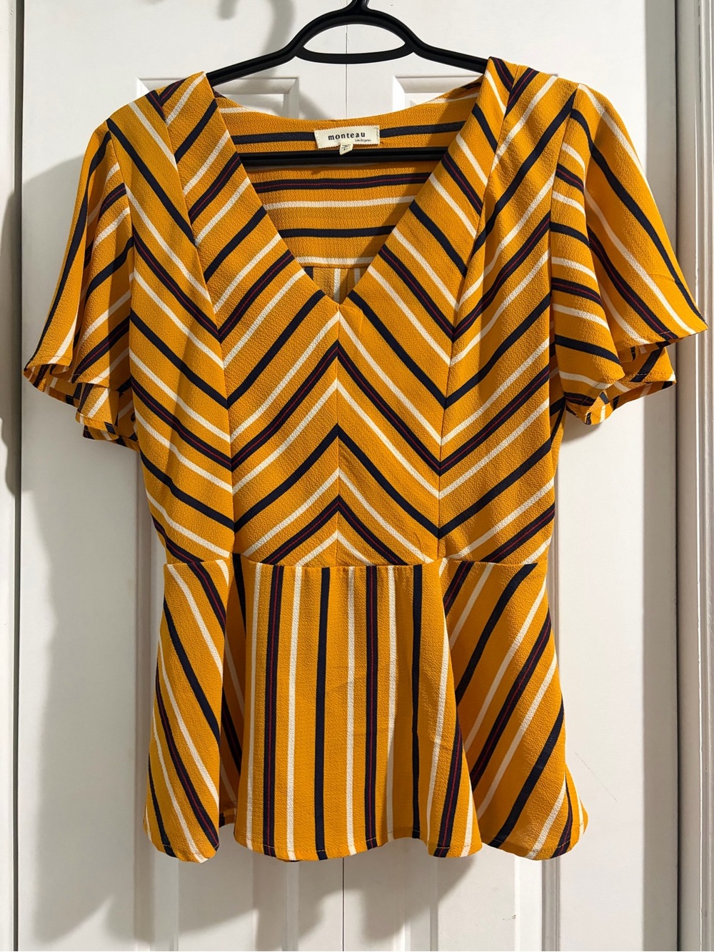 Monteau Yellow Striped V-Neck Peplum Top
